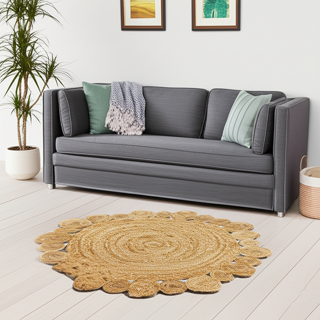 Flower Designed Eco-Friendly Sustainable Natural Round Beige Braided Boho Bohemian Jute Rug For Indoor Spaces 80 x 80 cm