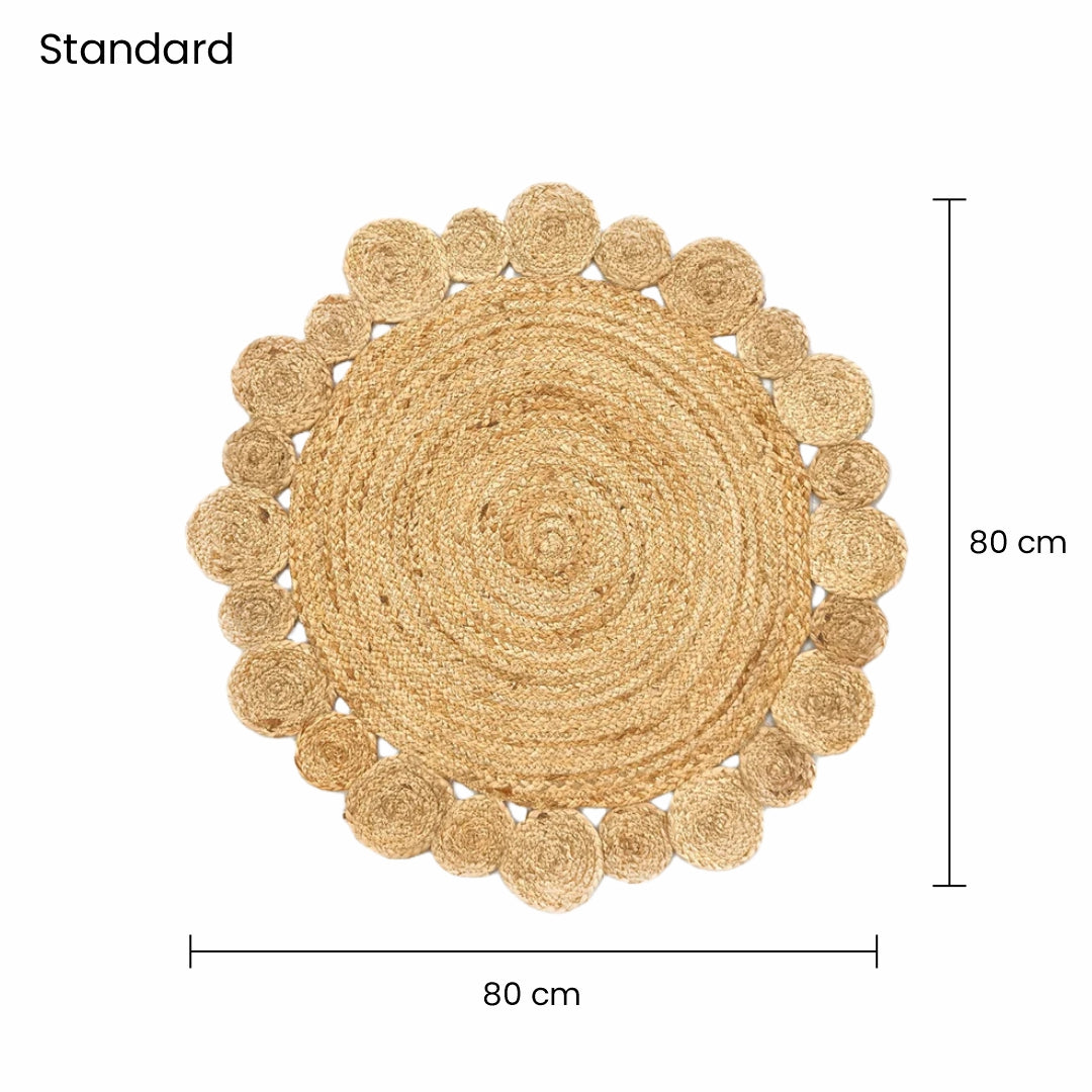 Flower Designed Eco-Friendly Sustainable Natural Round Beige Braided Boho Bohemian Jute Rug For Indoor Spaces 80 x 80 cm