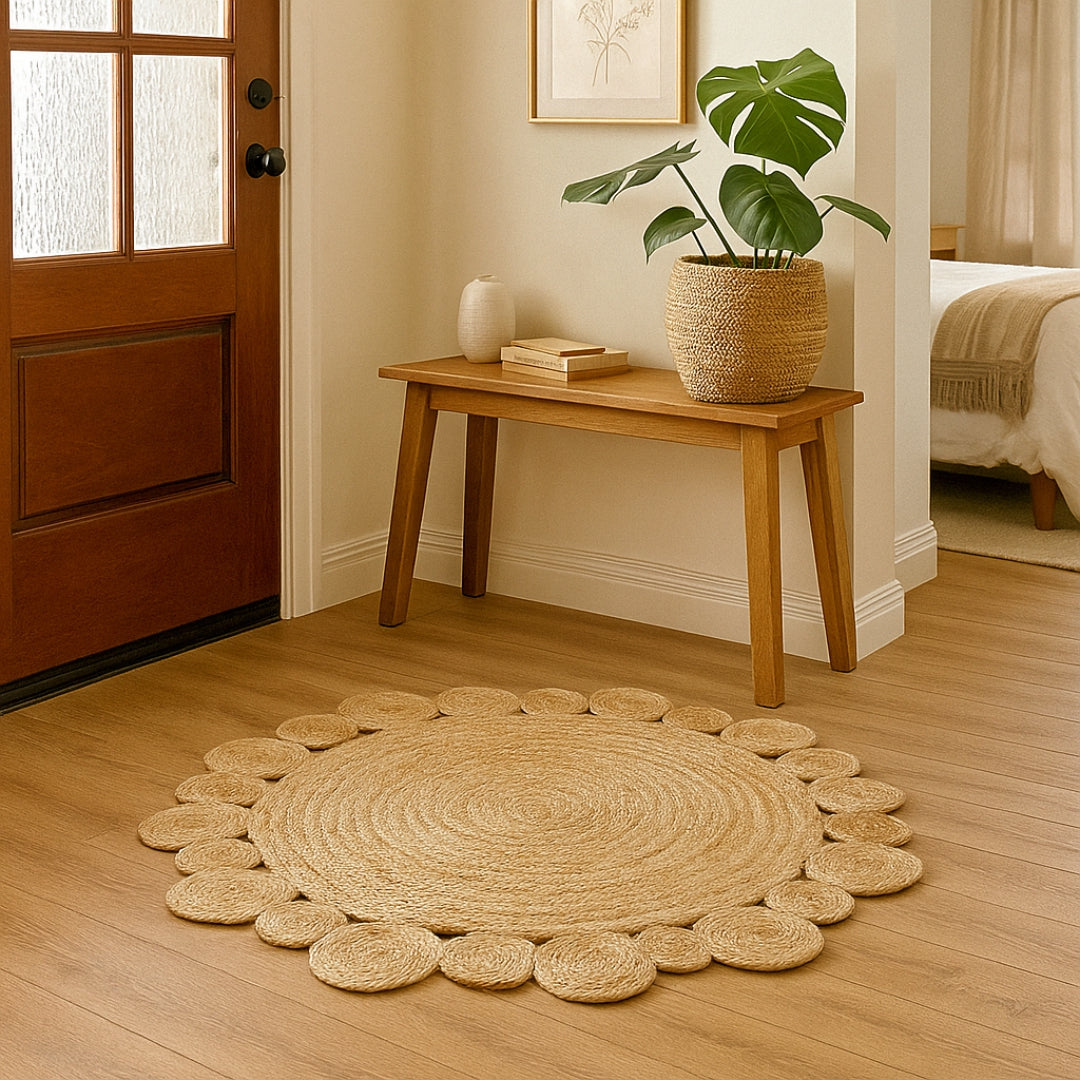 Flower Designed Eco-Friendly Sustainable Natural Round Beige Braided Boho Bohemian Jute Rug For Indoor Spaces 80 x 80 cm