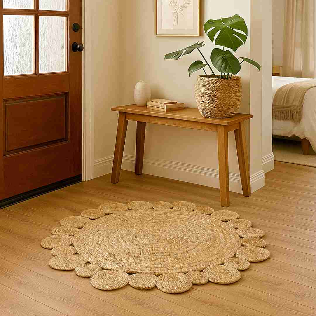 Beige eco-friendly jute rug, rustic flower motif for indoor décor