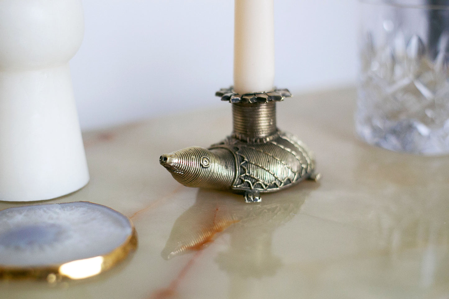 Brass Dhokra Casted Tortoise Candle Holder Made by Tribal Artisan