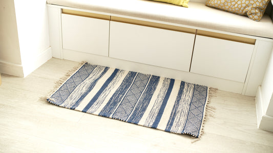 DivineHandicrafts Cotton Chindi Rag Rug, Blue Striped Pattern, Reversible Floor Mat, 60 x 90 cm