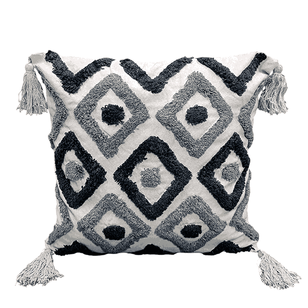 Square cushion with textured blue and grey diamond pattern and tassels at each corner
