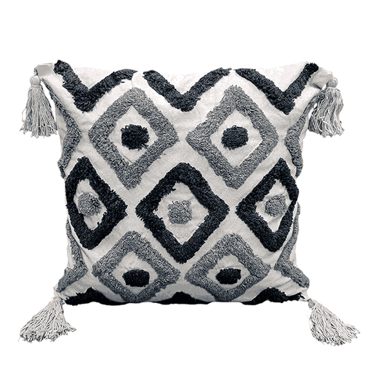 Square cushion with textured blue and grey diamond pattern and tassels at each corner