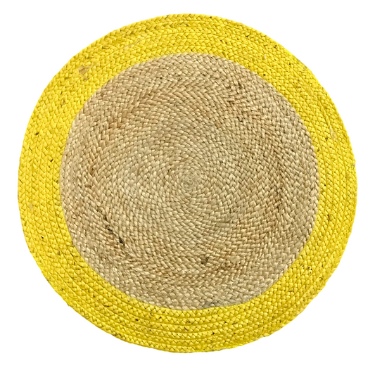 DivineHandicrafts Handwoven Round Jute Rug Beige with yellow Border 60x60 cm