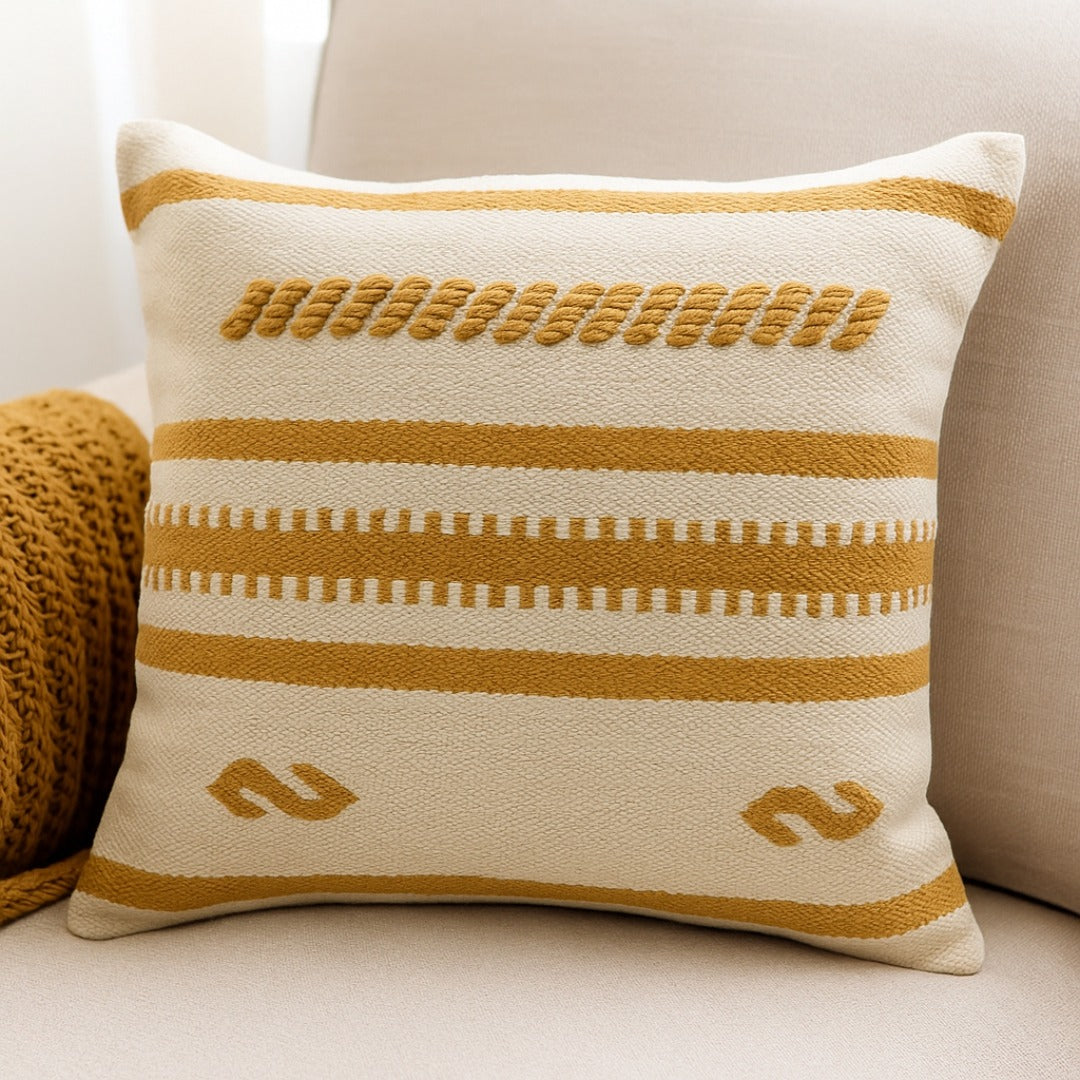 DivineHandicrafts Handcrafted Pure Yellow Family Cotton Cushion Covers-Set of 4