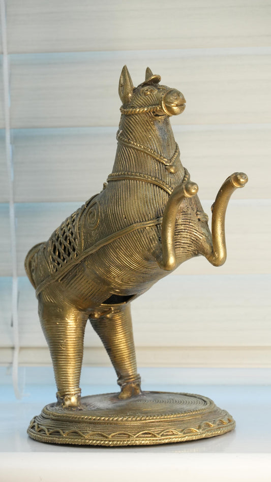 Handmade Brass Golden Warrior Horse Figurine for Home Decor | Dokra Statue