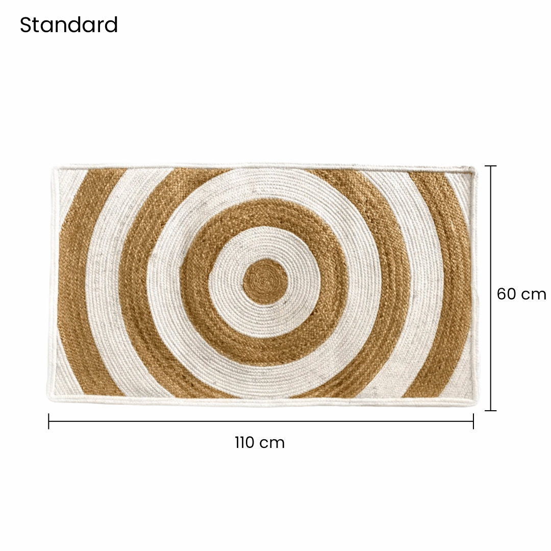 Rug with circular pattern and measurements on a white background