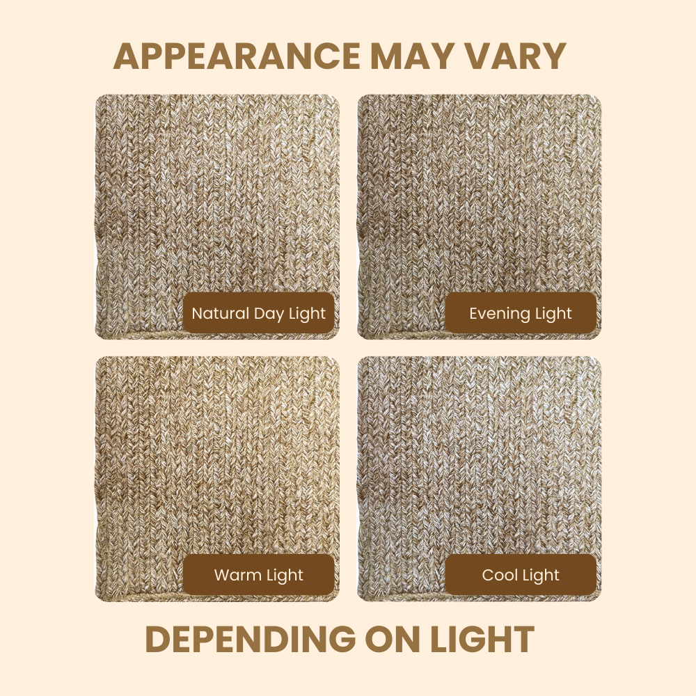 Four textured square samples with labels for different lighting conditions on a beige background.