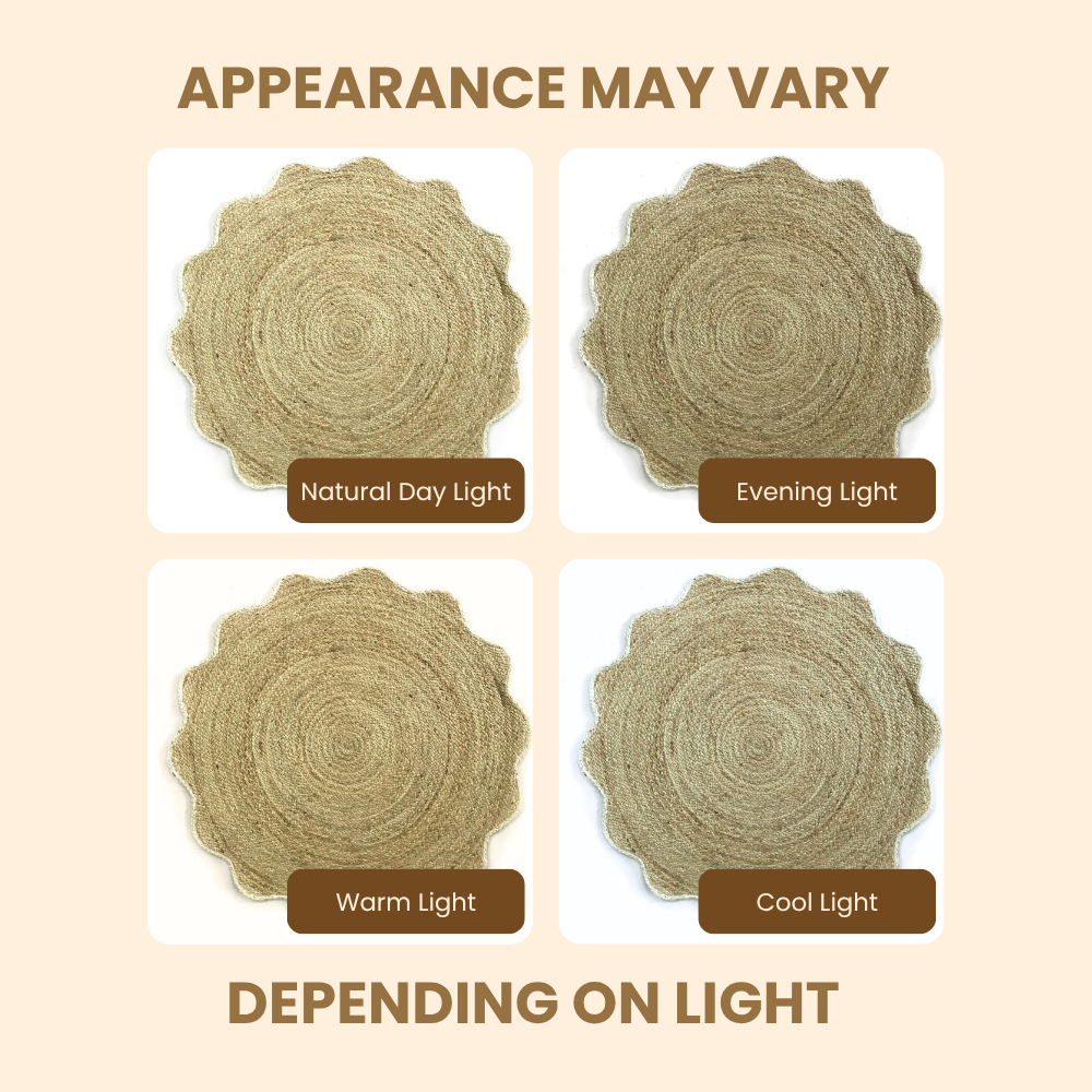 Four circular woven placemats shown under different lighting conditions on a beige background.
