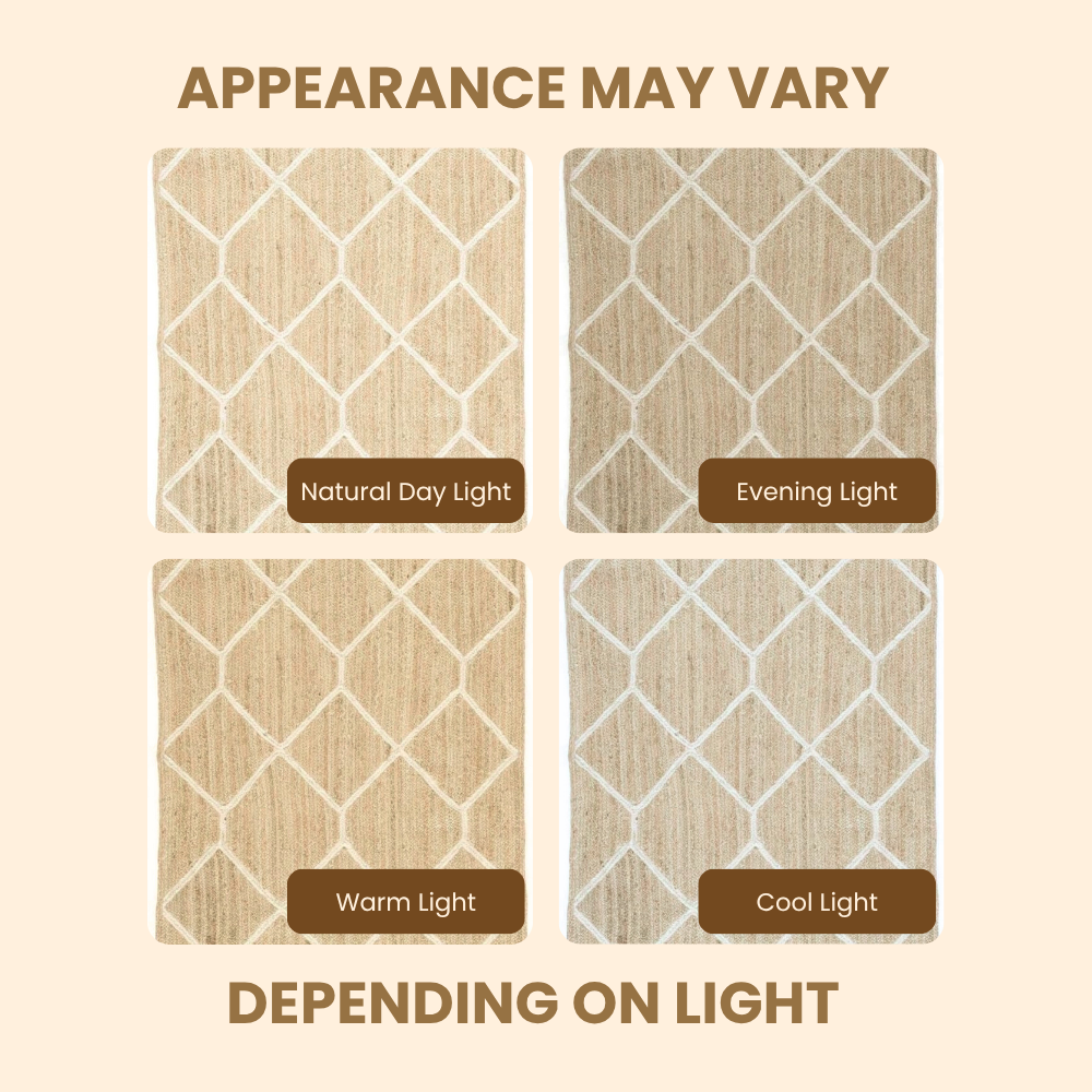 Four square samples of a textured beige pattern with labels for different lighting conditions on a beige background.