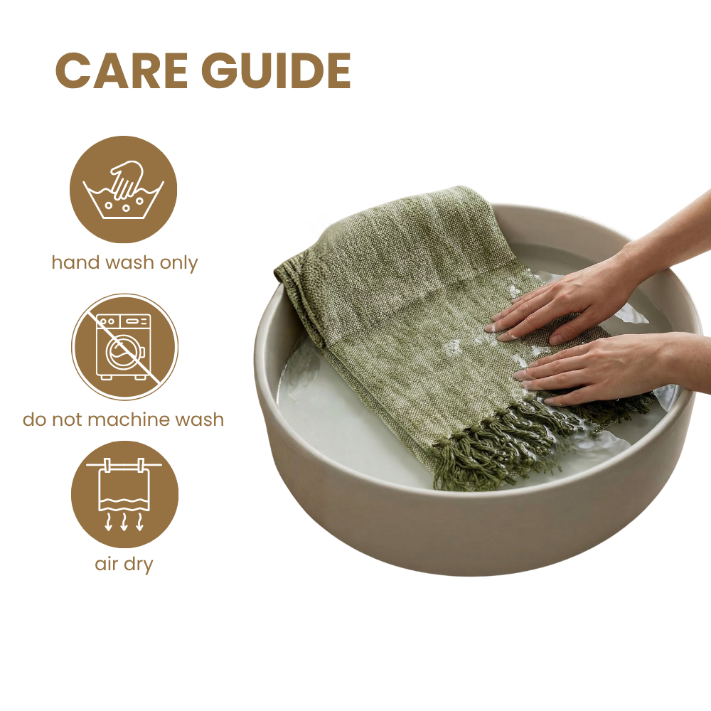 Care guide for a green towel with washing instructions on a white background