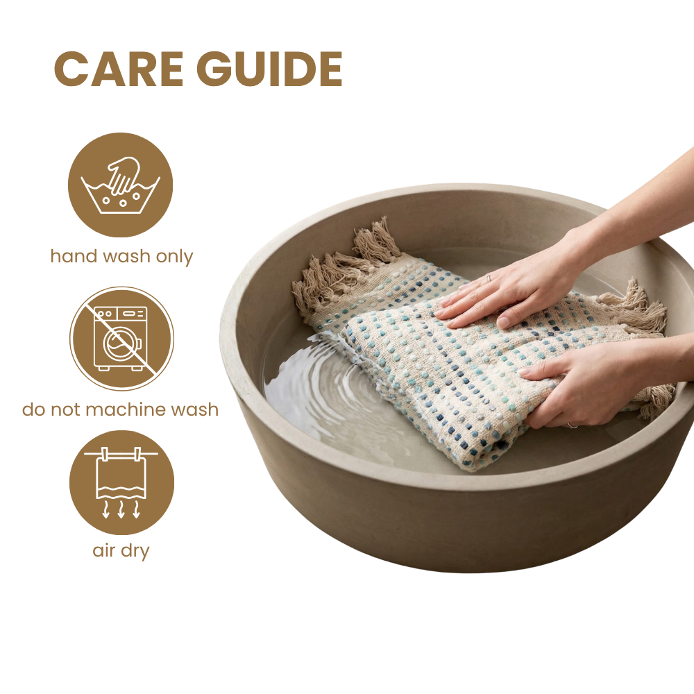 Care guide for a woven blanket with hand washing instructions on a white background