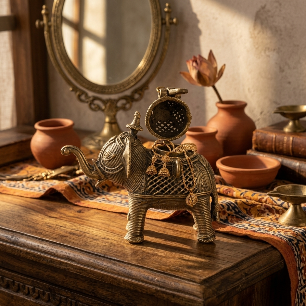 Handmade Dhokra Brass Elephant Jewellery Box