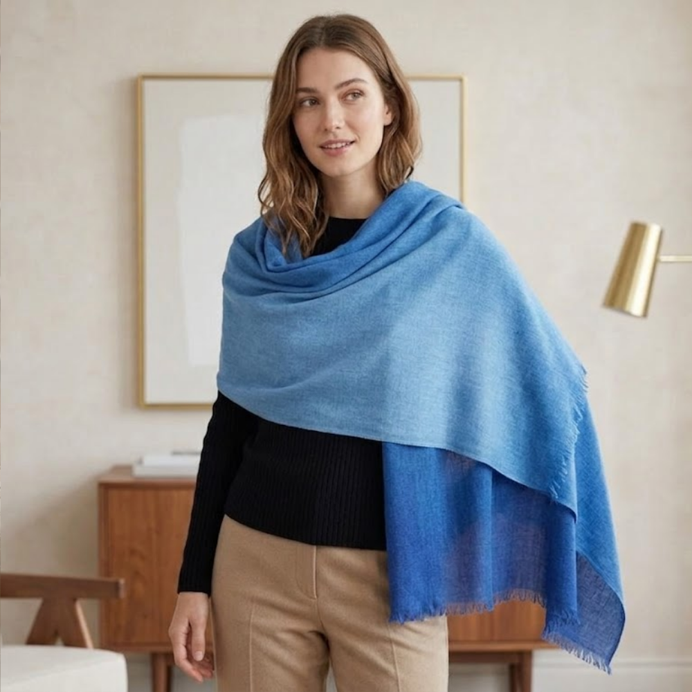 Navy Blue Wool Ombré Scarf, Handloom 70x180cm