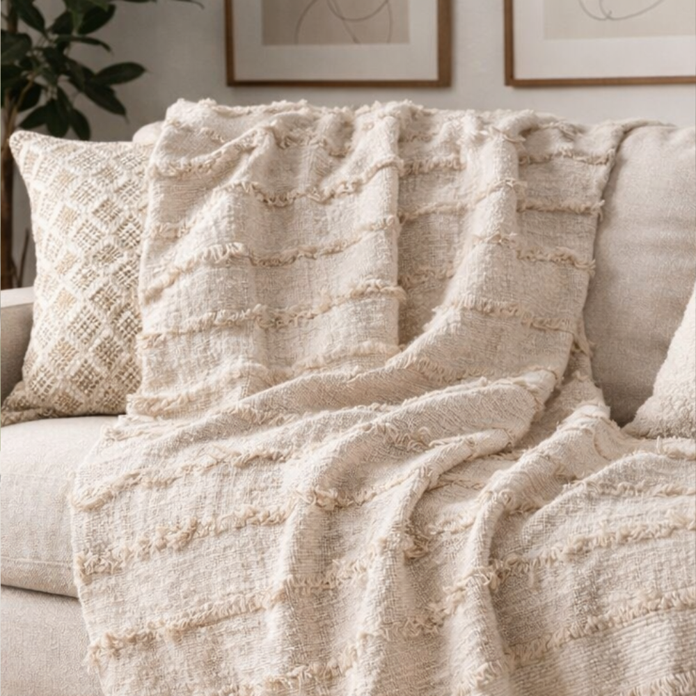 Beige Striped Cotton Sofa Throw 50x60in