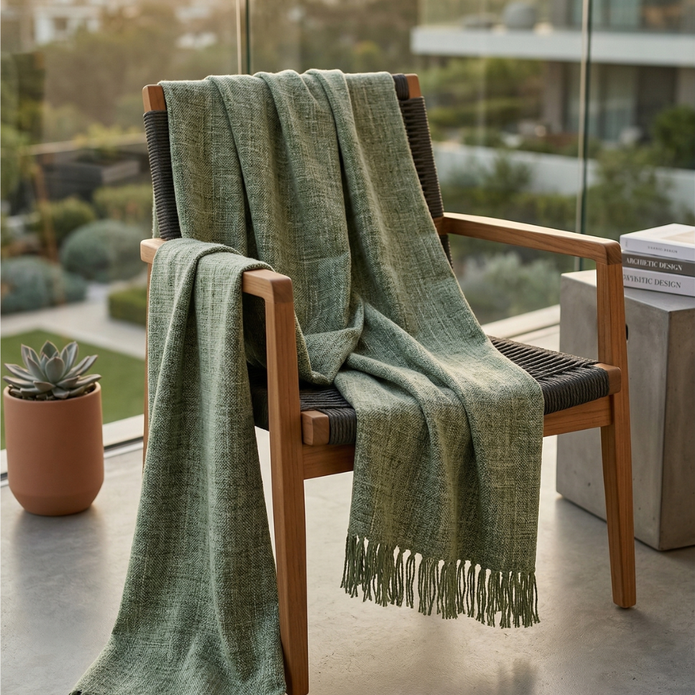 Green blanket draped over a wooden chair on a patio with a view of a garden.