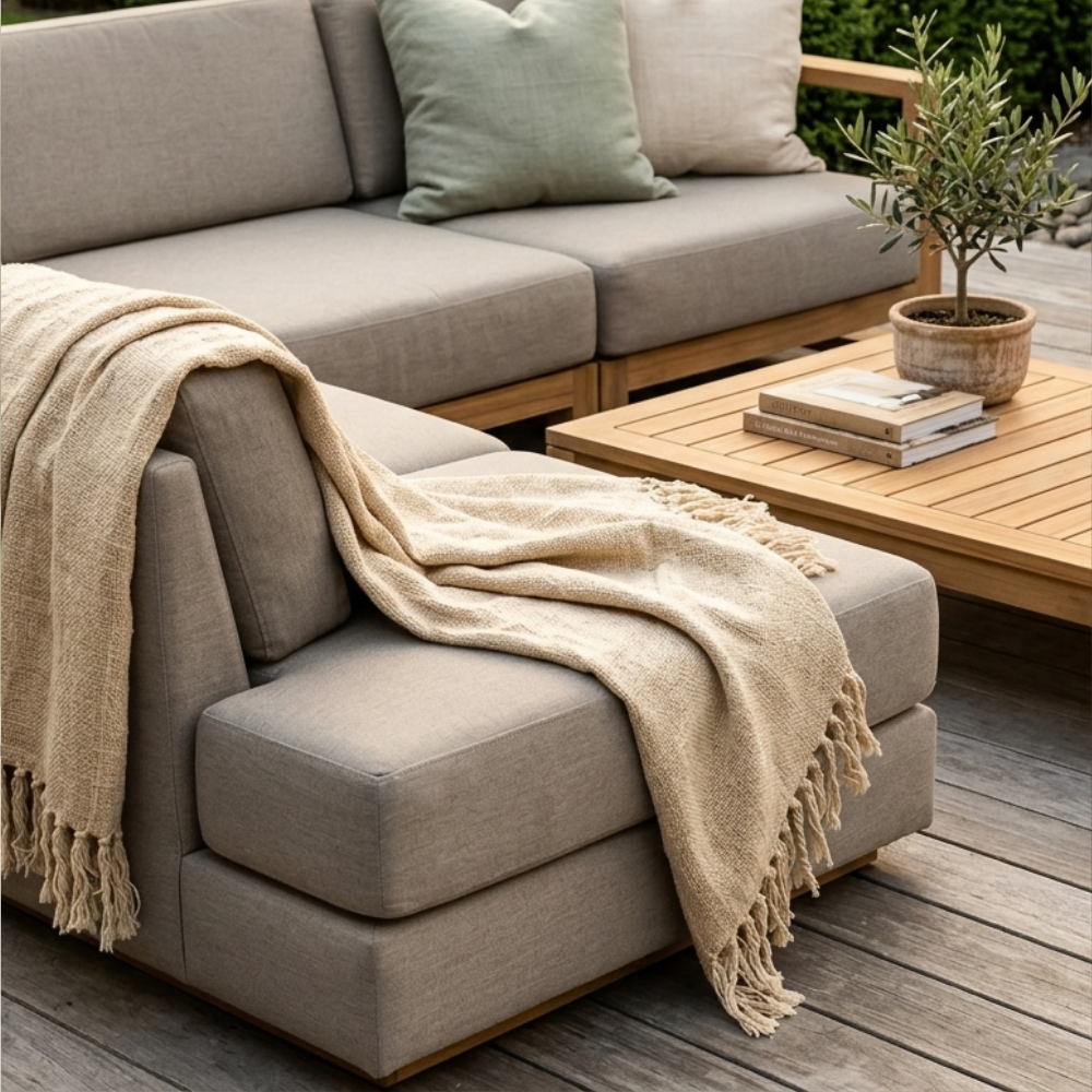 Natural Beige Cotton Throw, Fringed