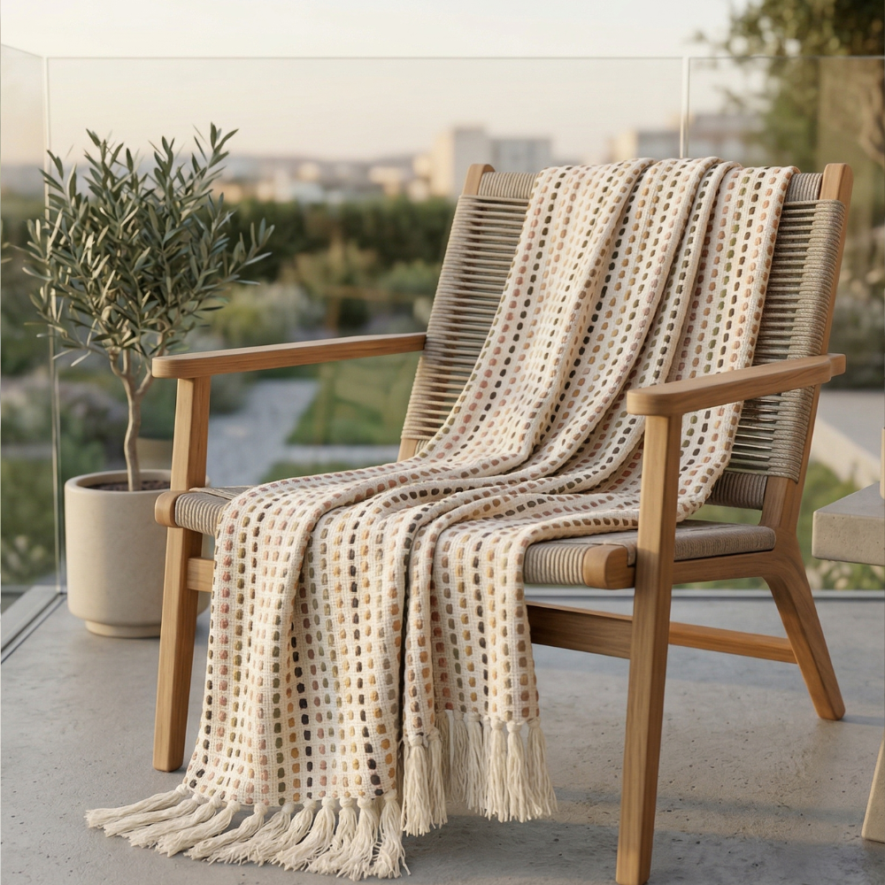 Cosy White Throw with Brown & Black Dots