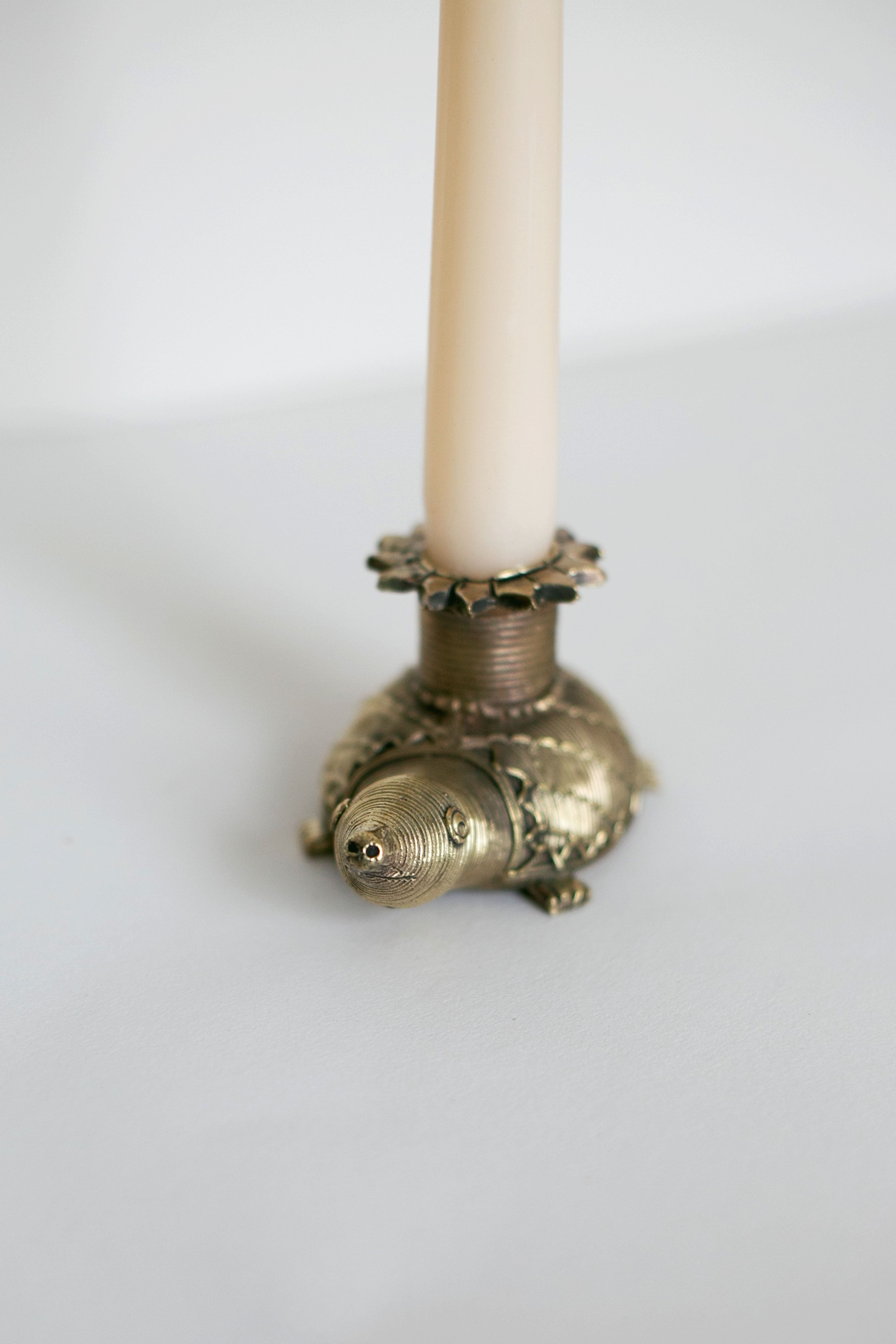Decorative metal turtle candlestick on neutral background