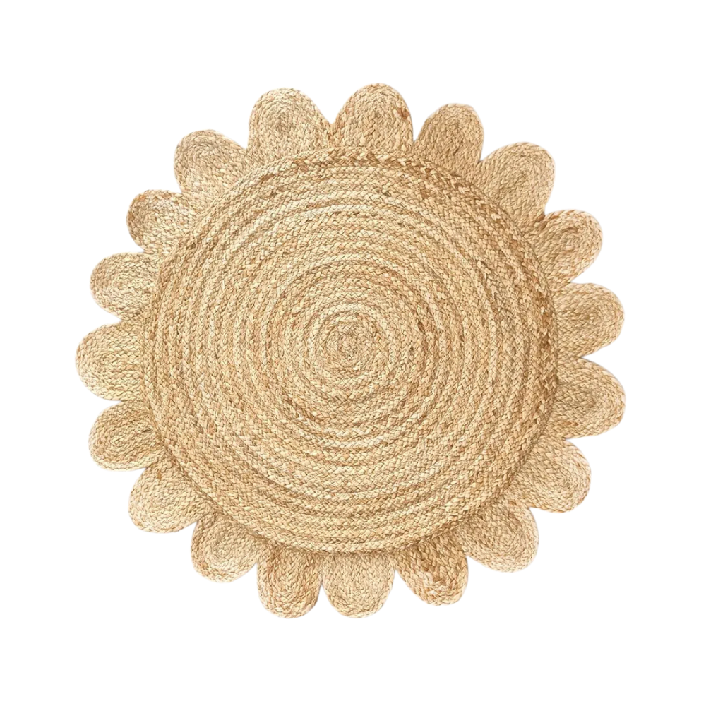 Round woven mat with a sunflower design on a white background
