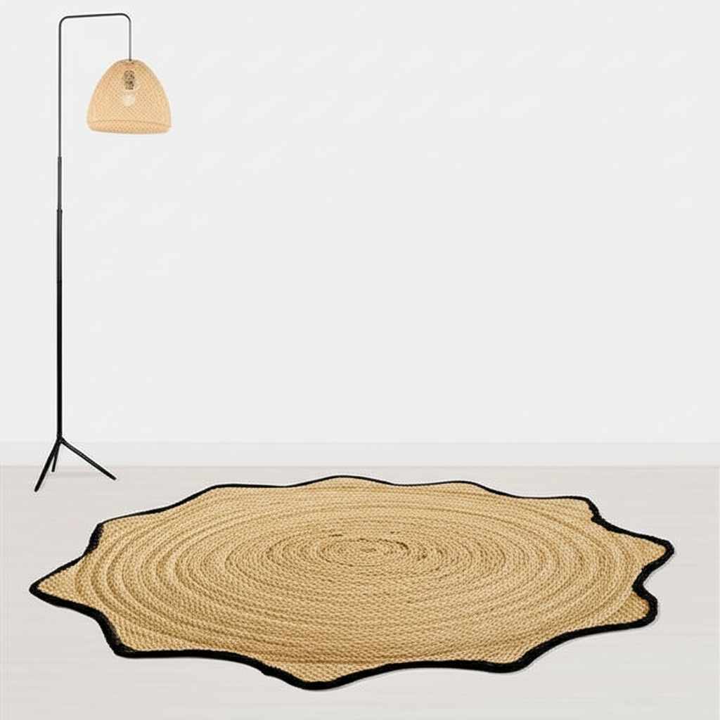 Round woven rug on a light gray floor with a standing lamp in the corner.