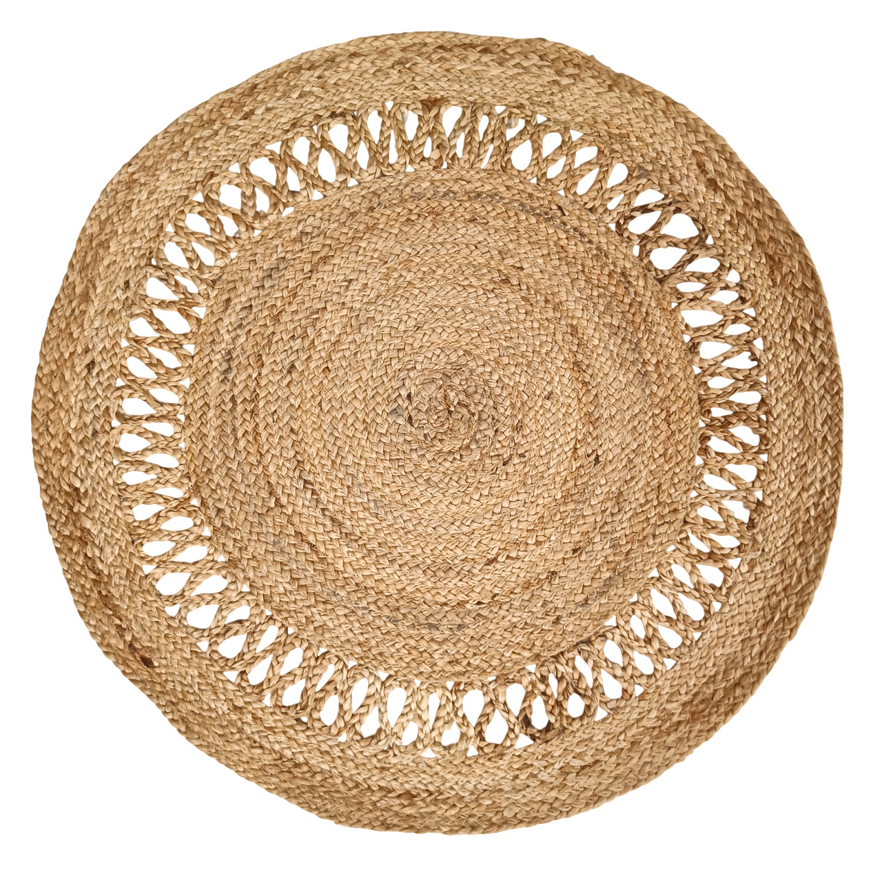 Round woven placemat with decorative edge on a white background