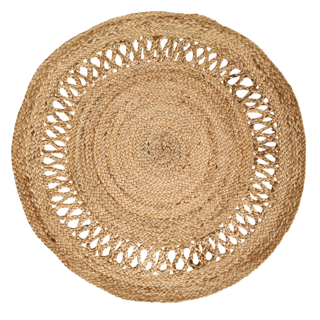 Round woven placemat with decorative edge on a white background