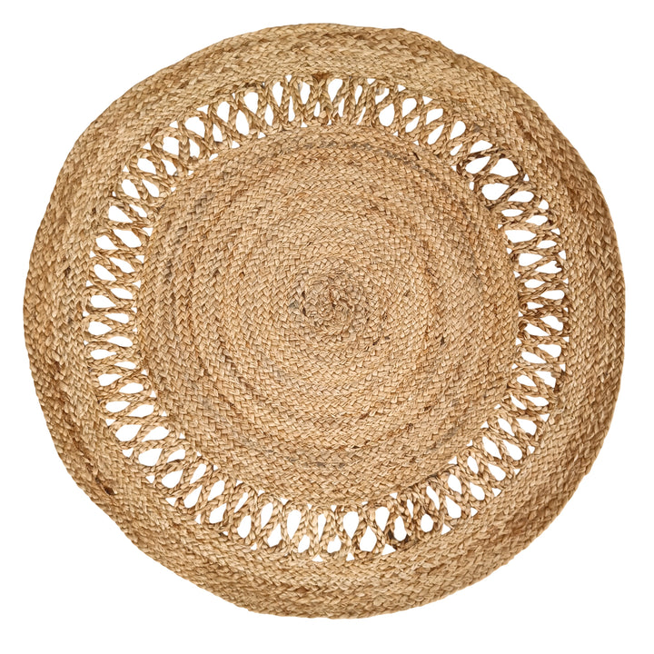 Round woven placemat with decorative edge on a white background