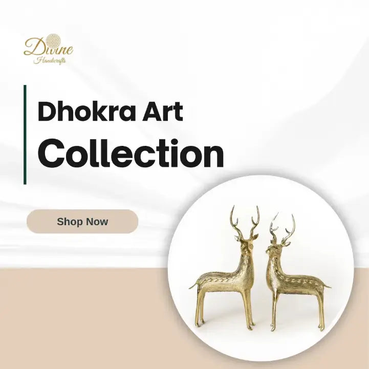 Divine Handicrafts: Dhokra Art Collection — Shop Now banner showing two brass deer sculptures
