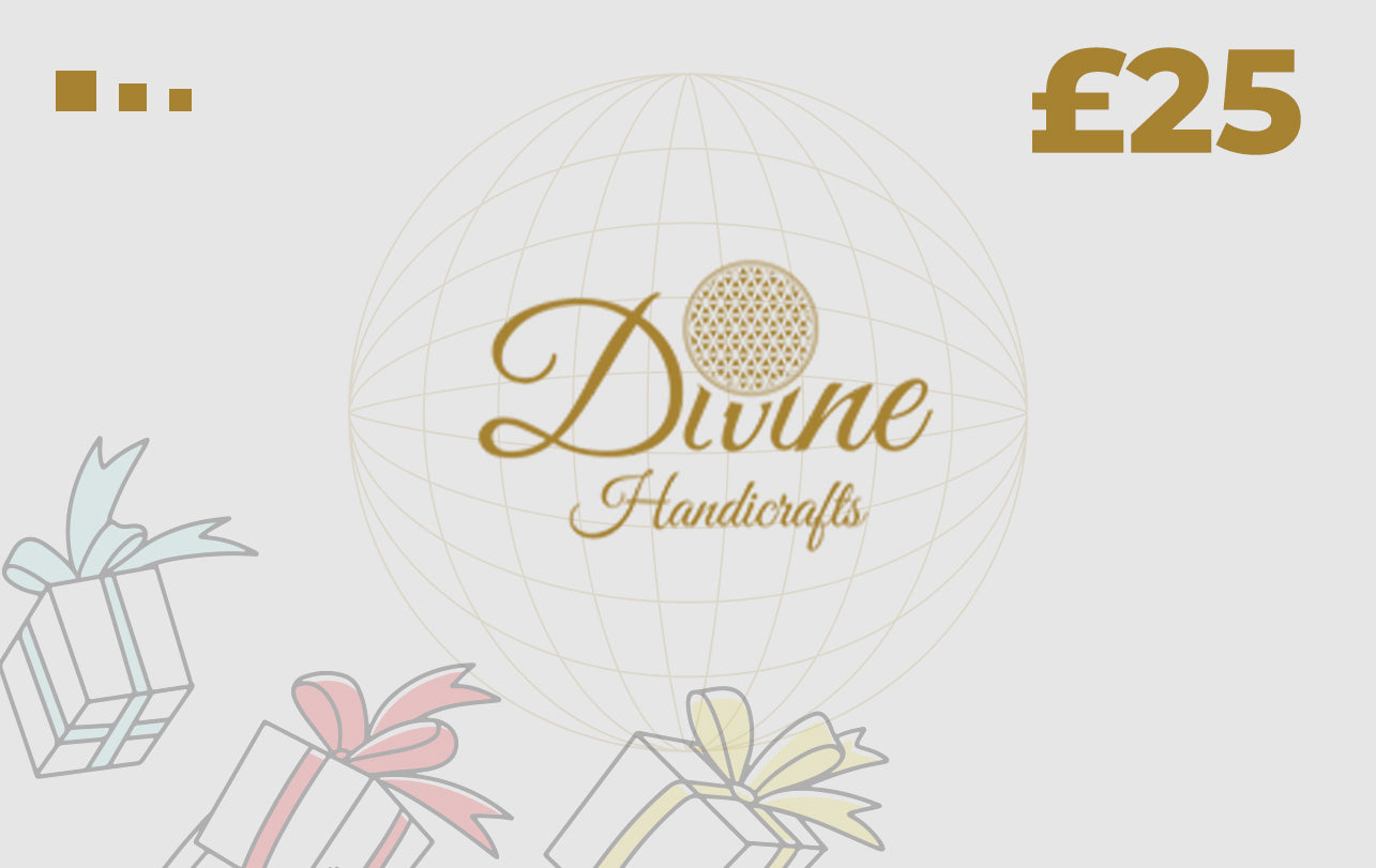 A gift card from Divine Handicrafts with a value of £25, featuring a logo with a stylized globe and decorative elements.