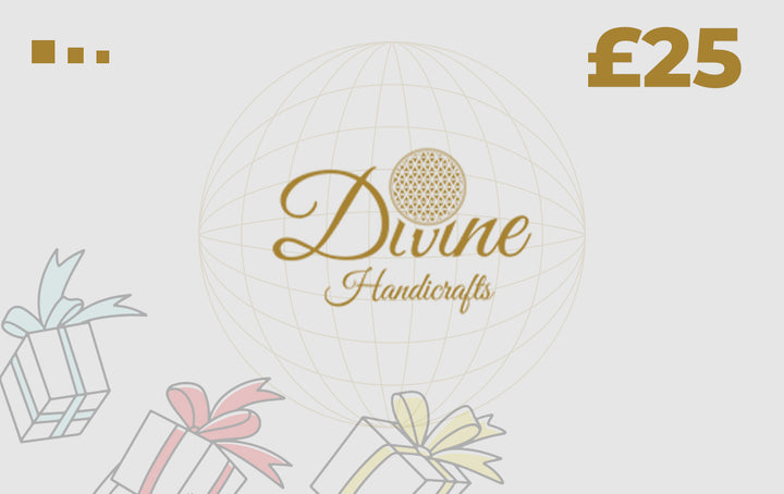 A gift card from Divine Handicrafts with a value of £25, featuring a logo with a stylized globe and decorative elements.
