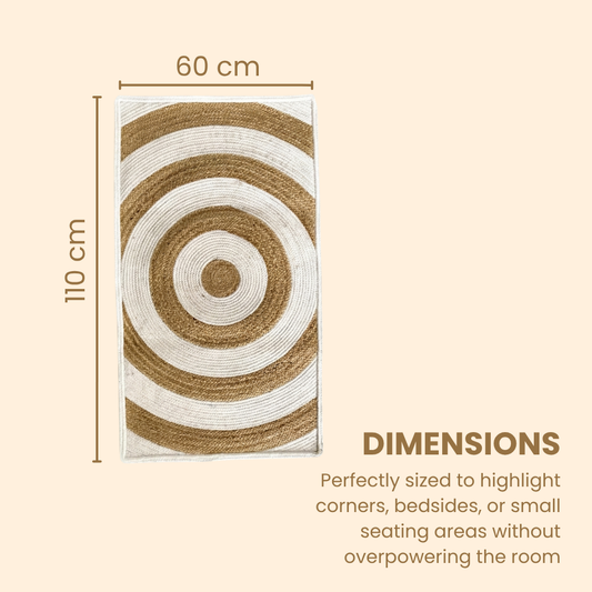 Rug with circular pattern and dimensions on a beige background
