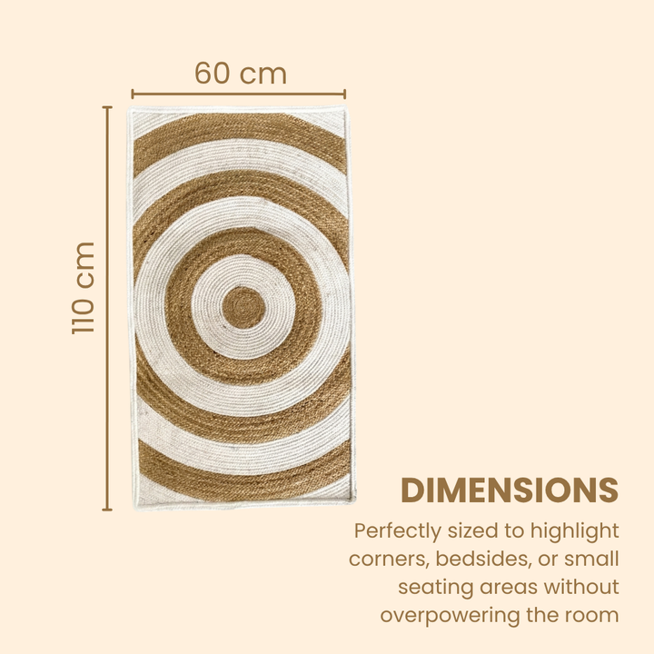 Rug with circular pattern and dimensions on a beige background
