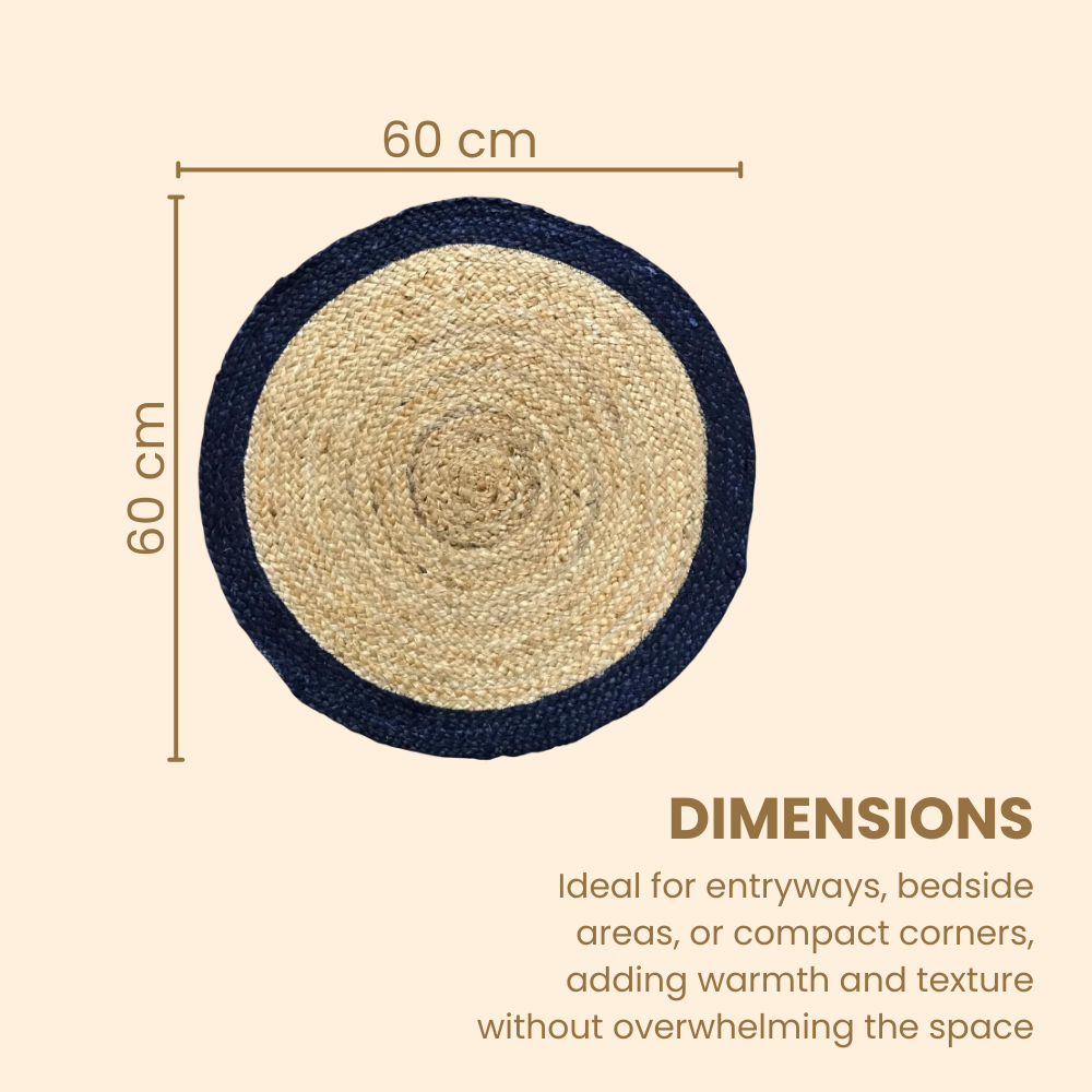 Handwoven Round Jute Rug Beige & Blue Border 60cm
