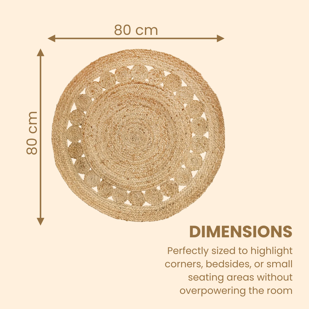 Round woven mat with dimensions on a beige background