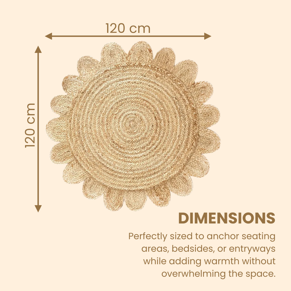 Round woven mat with dimensions on a beige background