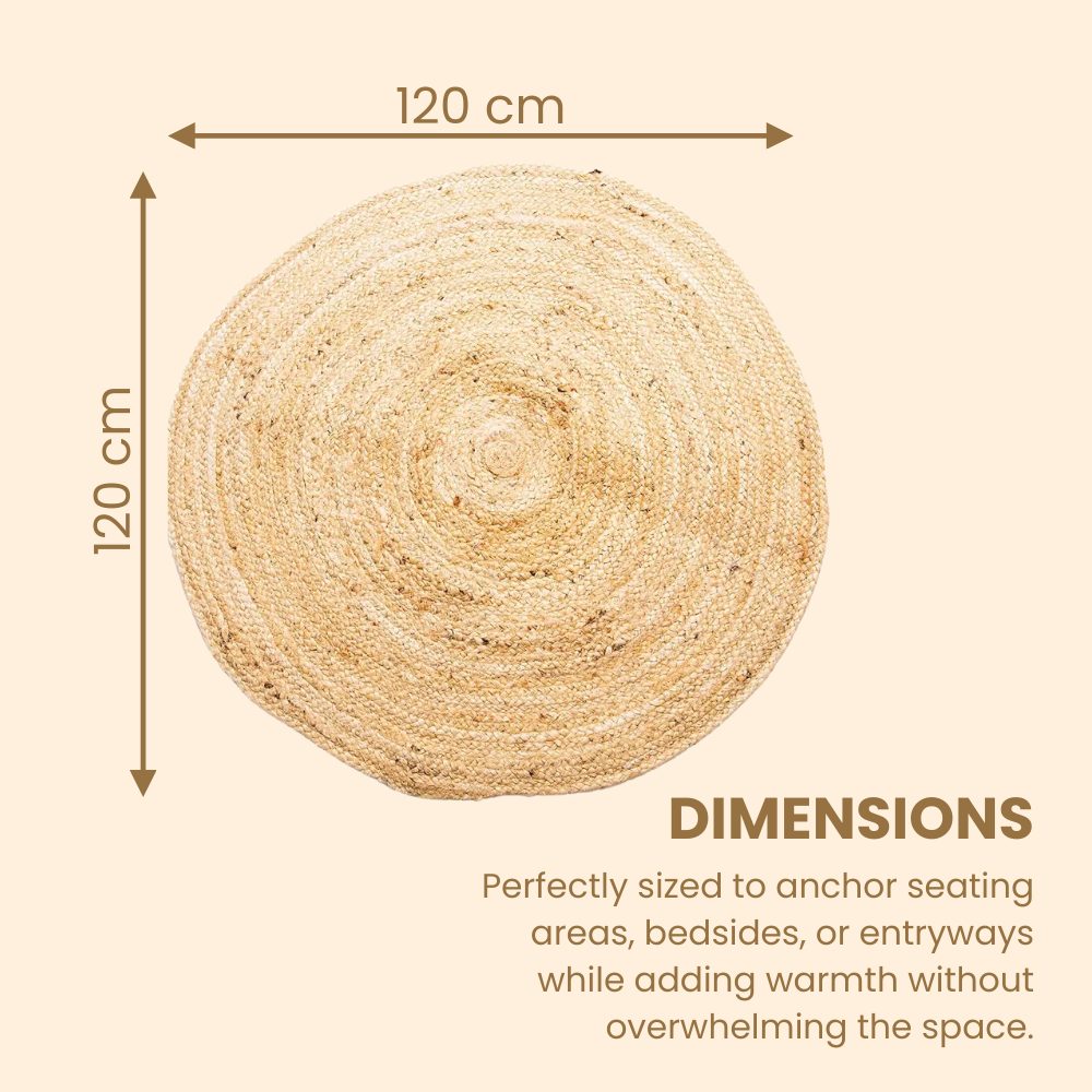 Round woven rug with dimensions on a beige background
