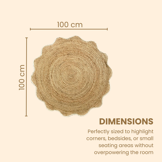 Round woven mat with dimensions on a beige background