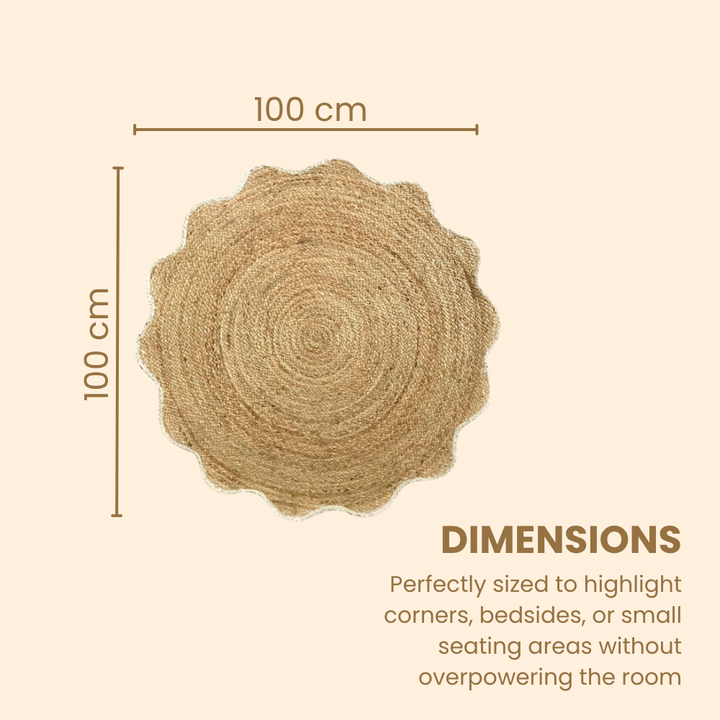 Round woven mat with dimensions on a beige background