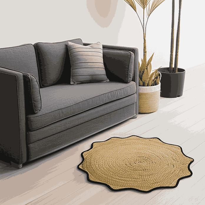 Round woven mat on a wooden floor in a living room with a gray sofa and plants.