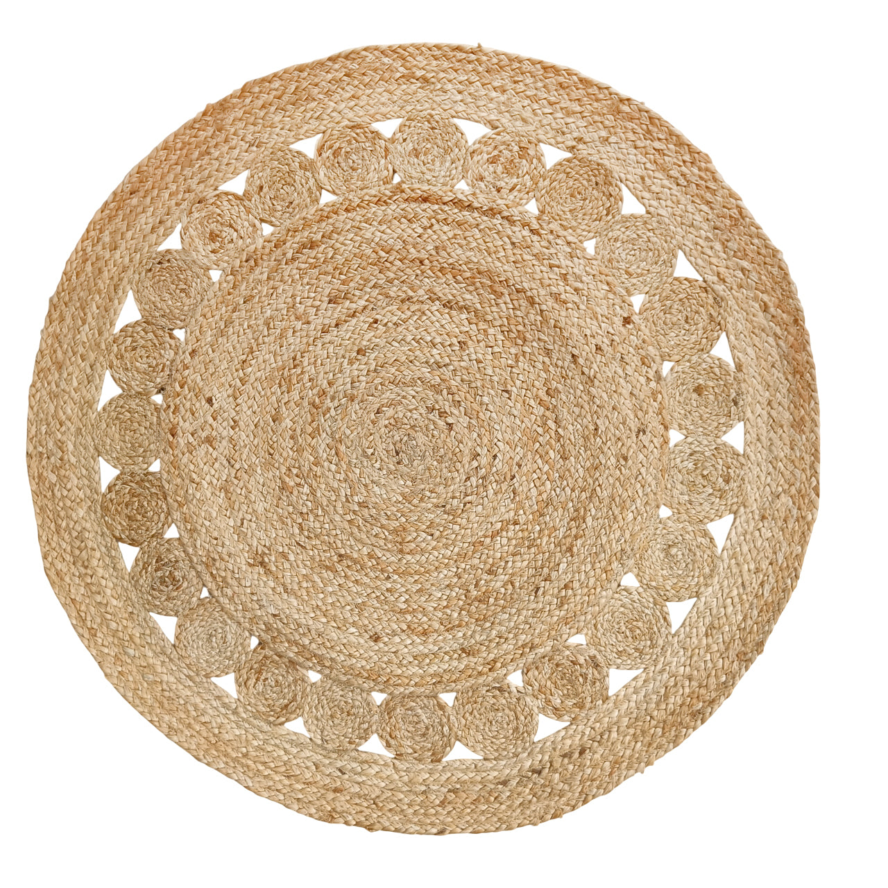 Round woven placemat with decorative edge on a white background