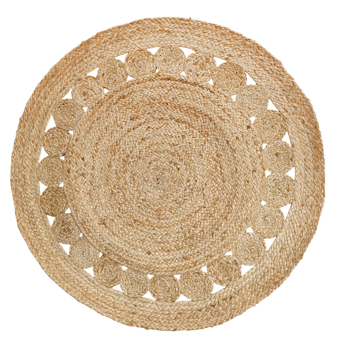 Round woven placemat with decorative edge on a white background