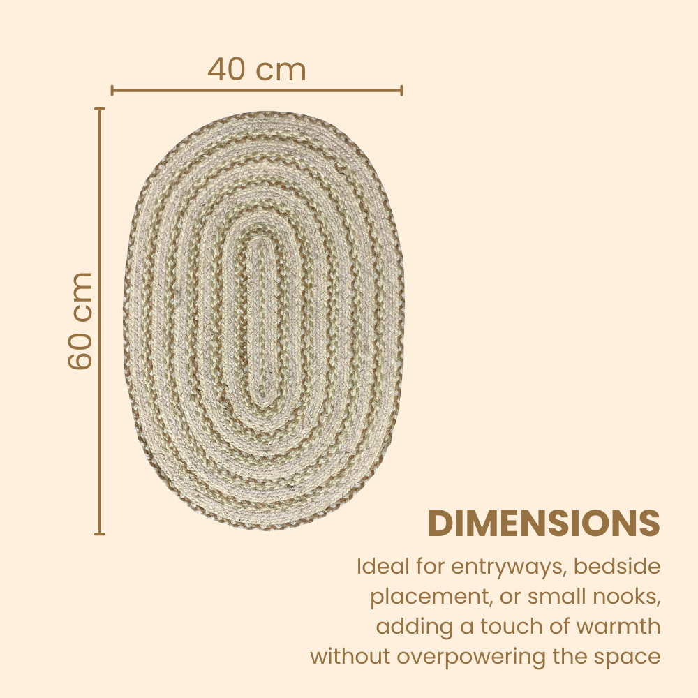 Oval-shaped braided rug with dimensions 40 cm x 60 cm on a beige background.