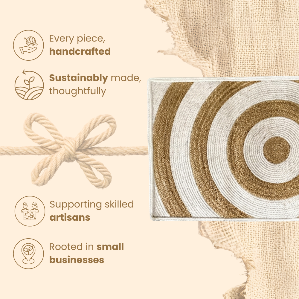 Text about handcrafted, sustainably made products with a close-up of a woven mat.