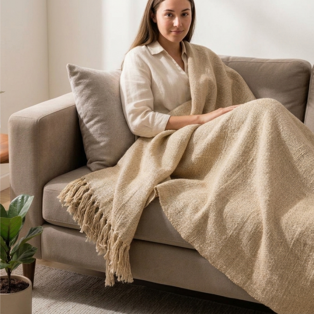 Natural Beige Cotton Throw, Fringed