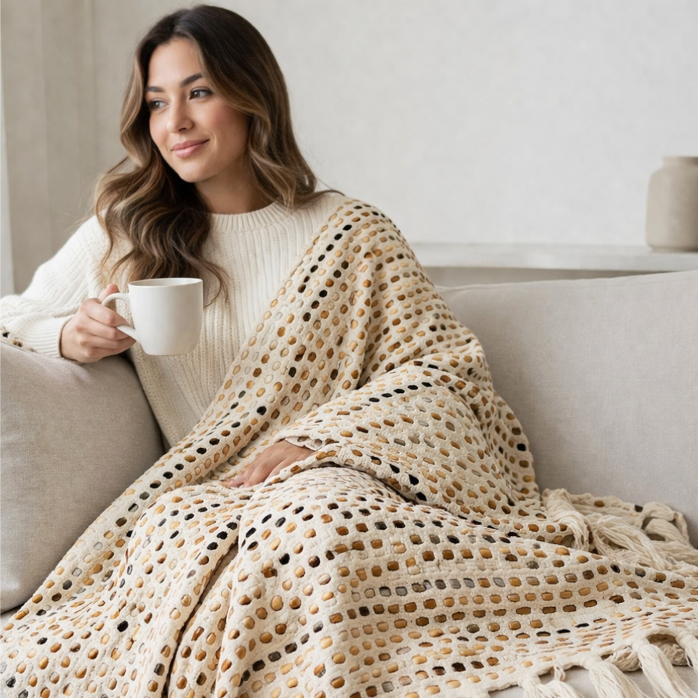 Cosy White Throw with Brown & Black Dots