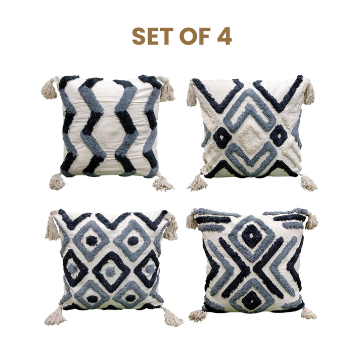 Cotton Tufted Cushion Covers Grey & White (Set of 4)