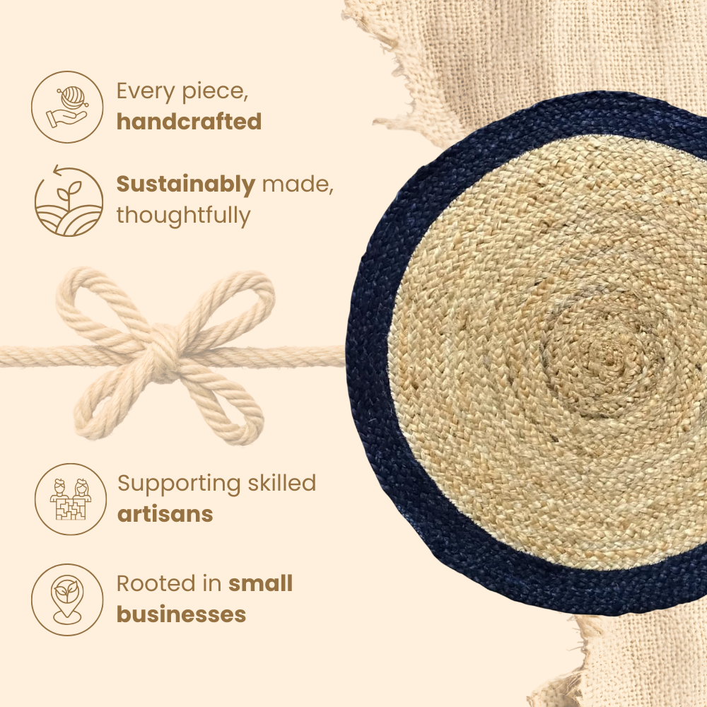 Handwoven Round Jute Rug Beige & Blue Border 60cm
