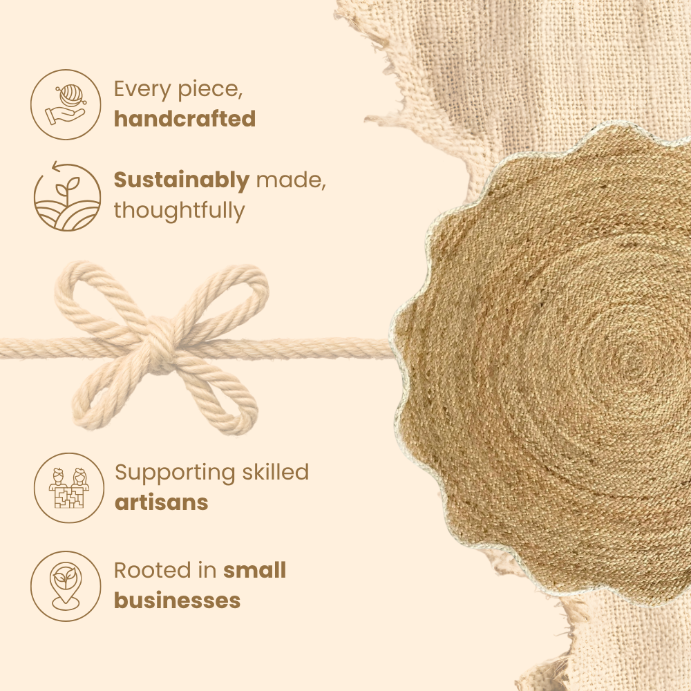 Text about handcrafted, sustainably made products with a close-up of a woven mat on a beige background.
